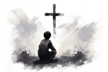 Silhouette of a boy praying with a cross in the background