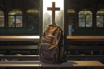 Missionary work Adventure backpack on a train platform
