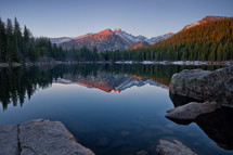 reflection of a mountain peak on lake water 