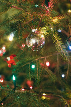 Christmas lights and ornaments on a Christmas tree