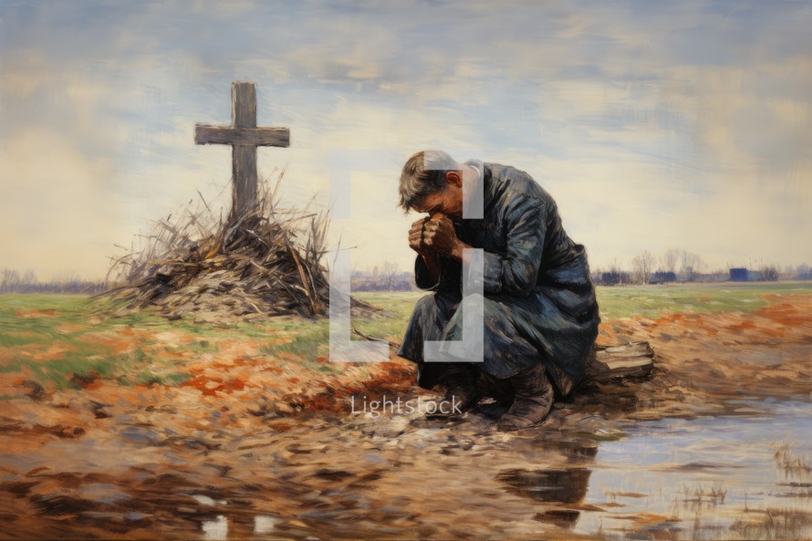 Paintings on canvas. A man praying