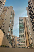 A view from under, looking at a view tall buildings, in Tatuape, Sao Paulo, Brazil.