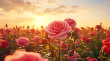 Field of pink roses at sunset. 