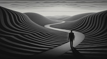 Surreal black and white illustration of man walking down a path into the distance.