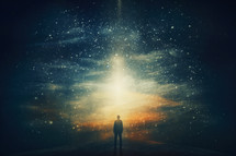 Faith. Heavenly background. Man standing in the middle of the space and looking at the heavens