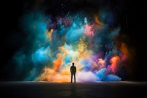 Faith. Man standing in front of colorful smoke and fire background. Mixed media
