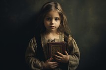 Portrait of a little girl with a bible in her hands on a dark background