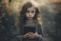 Little girl with long curly hair and a bible in her hands.