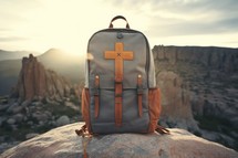 Missionary work. Hiking backpack on the top of a mountain. Travel and adventure concept