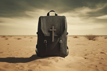 Missionary work Black leather adventure bag with cross on the sand in desert