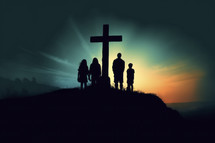 Silhouette of family with cross on top of mountain