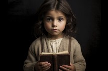 Little girl reading a bible on a dark background. Close-up.