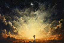 Faith. Heavenly background. Man facing the heavens