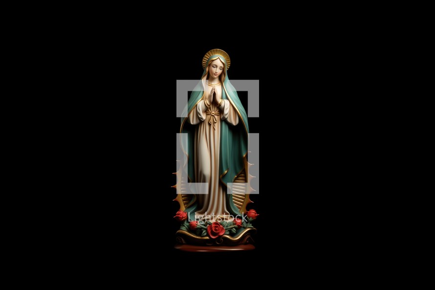 Statue of the Virgin Mary on a black background. Isolated