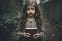 Little girl holding a bible in the forest. Selective focus.