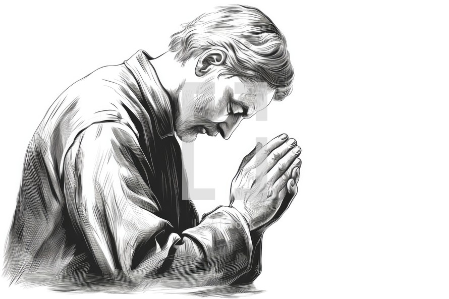 Praying man. Ink and watercolor illustration. Isolated on white background