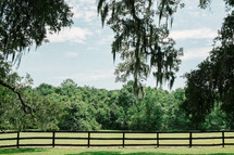 A wooden fence  in a field of green grass.