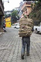 a man carrying bundled sticks on his back 