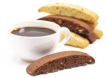 coffee and Chocolate and Nut Biscotti Isolated on a White Background