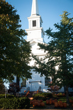 white church with steeple 