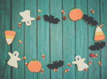 Homemade Halloween cookies background with copy space