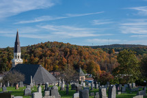 Graveyard near church at fall
