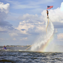water jet pack, flyboard with American flag 