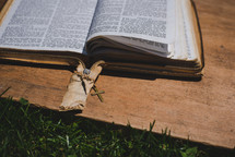 open Bible and cross bookmark 