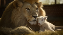 Closeup portrait of lion protecting a little lamb. 