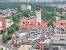 Aerial view of the city of Leipzig in Germany with the Neue Rathaus new council hall