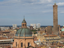 Aerial view of the two towers in the city of Bologna, Italy