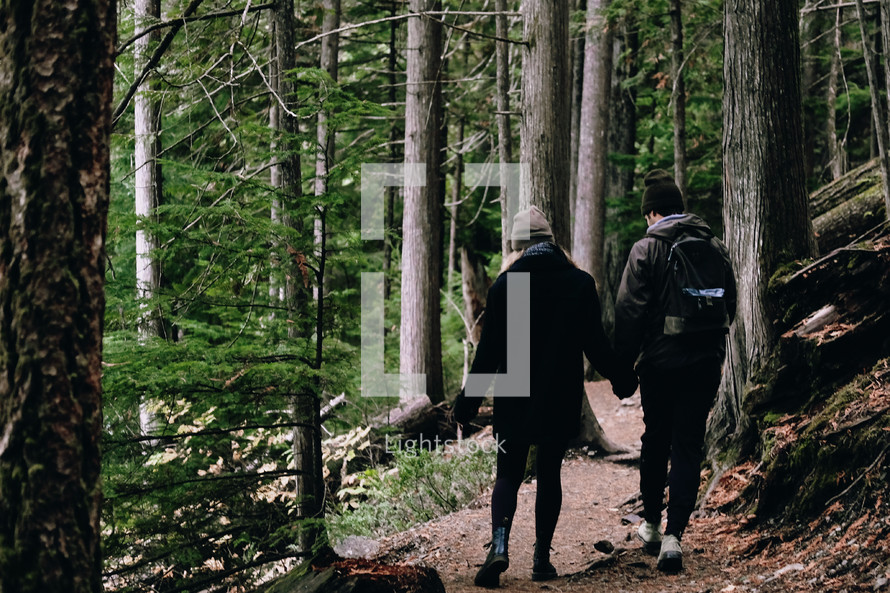 couple walking on a forest path 
