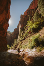 person hiking along a river at the bottom of a canyon 