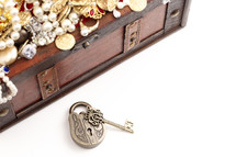 Antique Style Lock and a Treasure Chest FIlled with Gold Silver DIamond Treasures