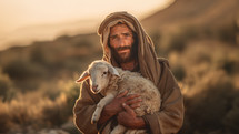 The old shepherd holds a lamb. 