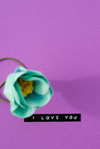 "I love you," on a purple background with a turquoise flower.