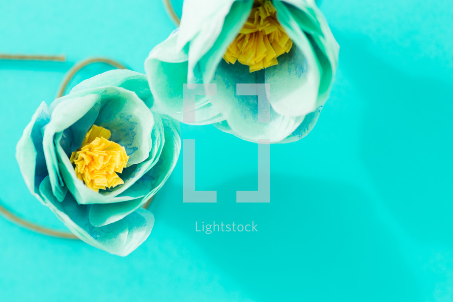 Two turquoise flowers on a turquoise background.