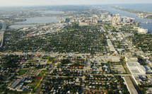 aerial view over city suburbs 