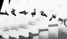 stills of a man jumping and flipping into a lake