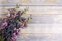 purple flowers on weathered wood boards 