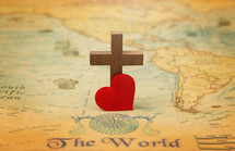 For God so loved the world, heart and cross on a map 