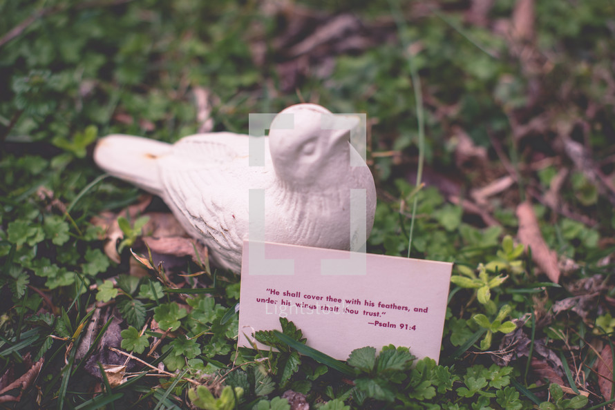 A card with a scripture and a ceramic bird among vegetation.