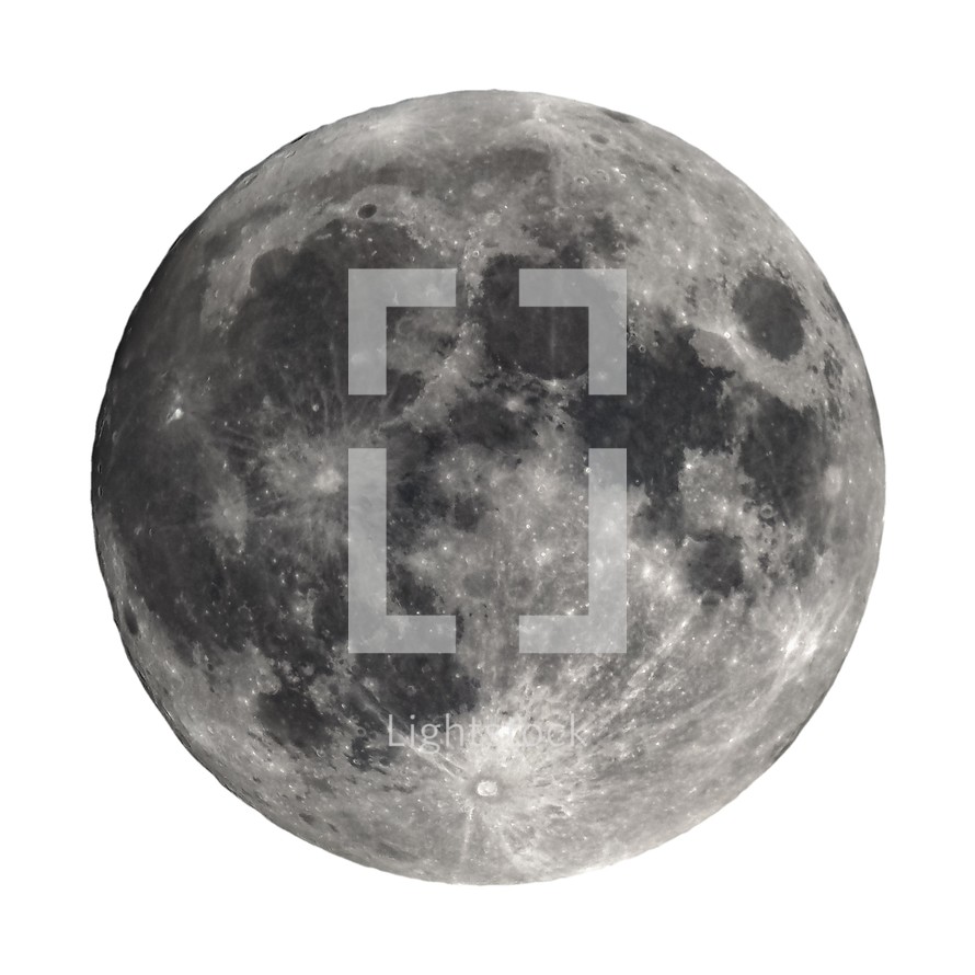 Full moon seen with an astronomical telescope, isolated over white