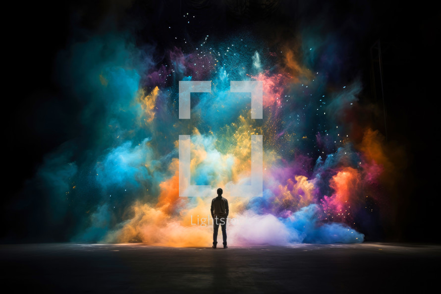 Faith. Man standing in front of colorful smoke and fire background. Mixed media