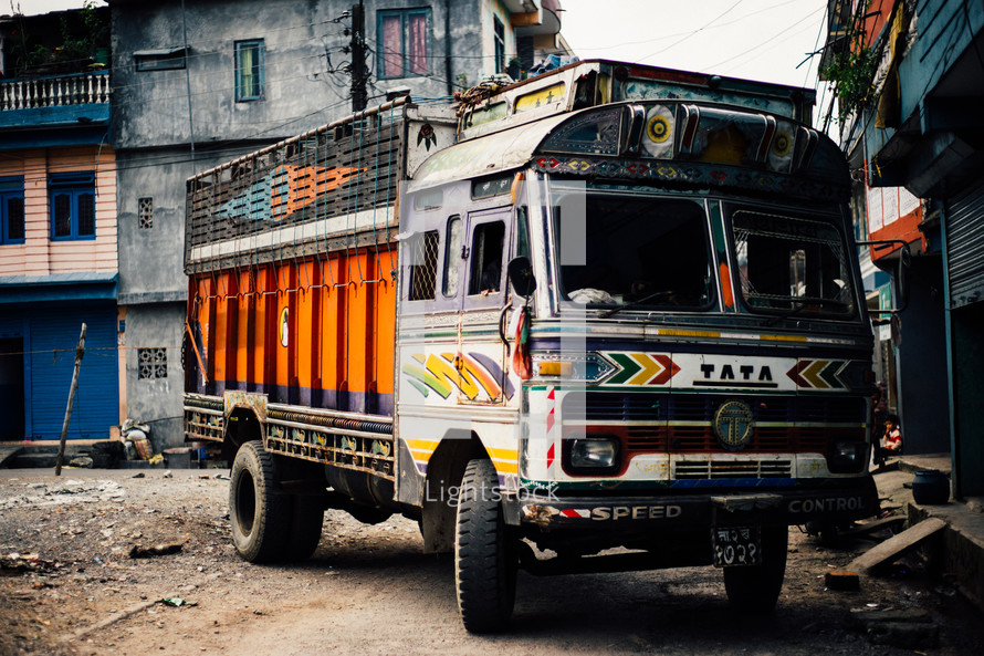 bus on the dirt streets of Nepal 