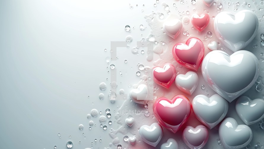 Valentine's day background with white and red hearts and water drops