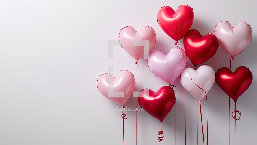 Valentine's day background with heart shaped balloons on white background