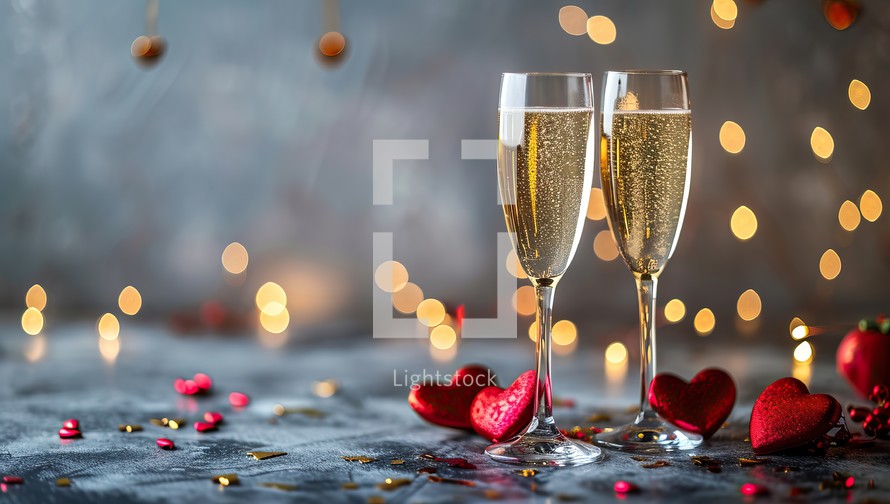 Two glasses of champagne with red hearts and bokeh lights on background