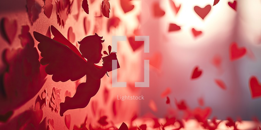 Valentines day background with red paper hearts and cupid angel.