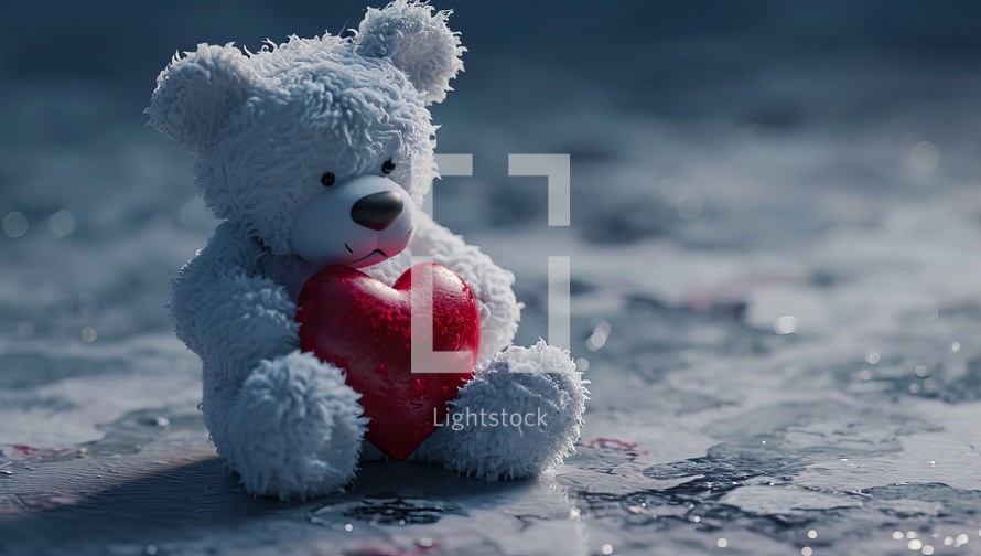 Teddy bear with red heart on dark background. Valentines day concept